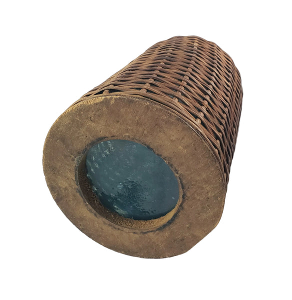Antique Wicker Woven Aqua Demijohn Glass Bottle 16" Wood Base Ring
