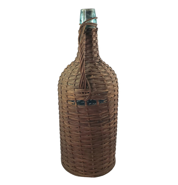 Antique Wicker Woven Aqua Demijohn Glass Bottle 16" Wood Base Ring