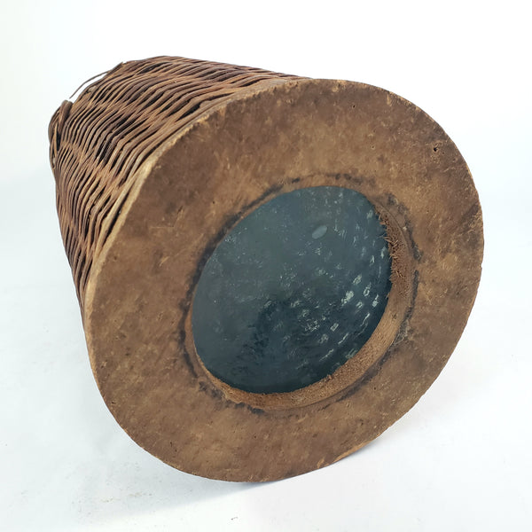 Antique Wicker Woven Aqua Demijohn Glass Bottle 16" Wood Base Ring