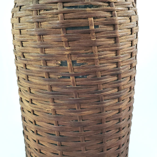 Antique Wicker Woven Aqua Demijohn Glass Bottle 16" Wood Base Ring