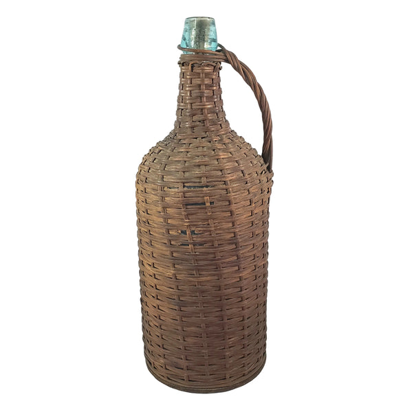 Antique Wicker Woven Aqua Demijohn Glass Bottle 16" Wood Base Ring