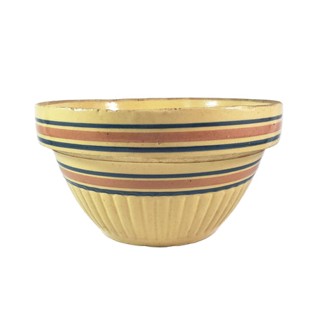 Vintage Farmhouse Yellow ware Bowl 9" Pink & Blue Stripes Bands