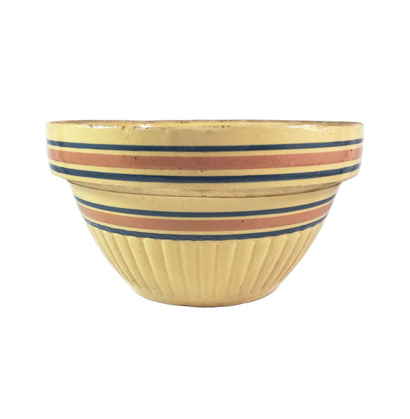 Vintage Farmhouse Yellow ware Bowl 9" Pink & Blue Stripes Bands