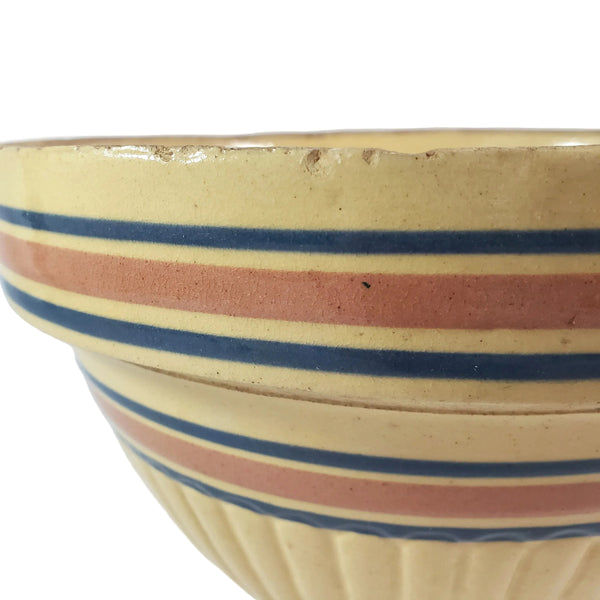 Vintage Farmhouse Yellow ware Bowl 9" Pink & Blue Stripes Bands