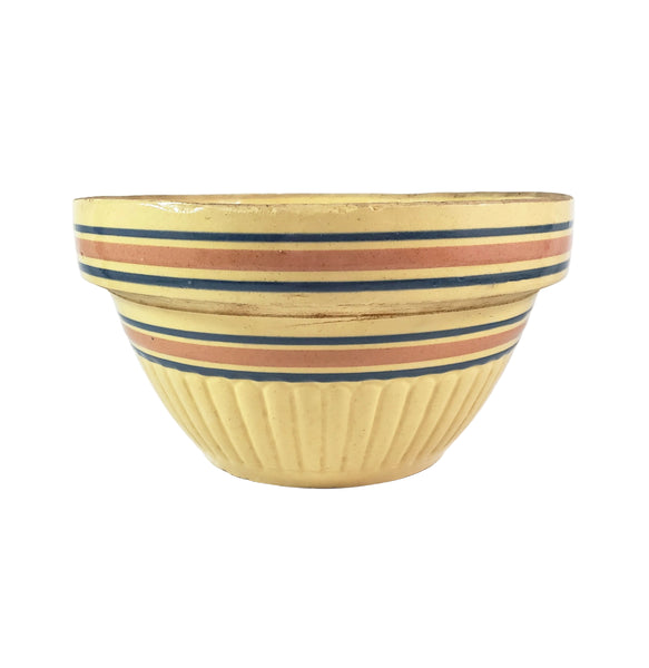 Vintage Farmhouse Yellow ware Bowl 9" Pink & Blue Stripes Bands