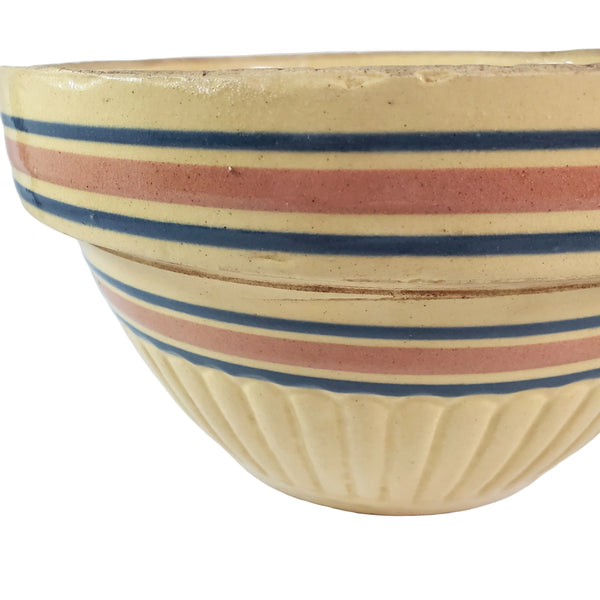 Vintage Farmhouse Yellow ware Bowl 9" Pink & Blue Stripes Bands