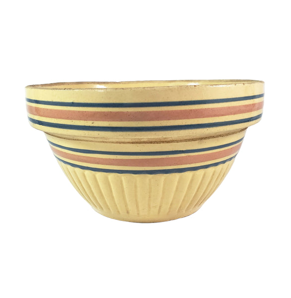 Vintage Farmhouse Yellow ware Bowl 9" Pink & Blue Stripes Bands