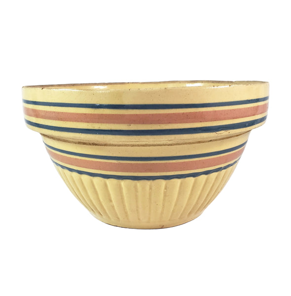 Vintage Farmhouse Yellow ware Bowl 9" Pink & Blue Stripes Bands
