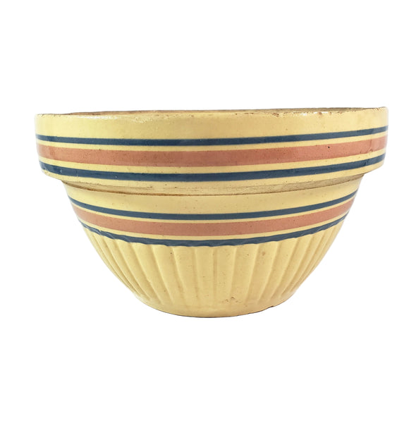 Vintage Farmhouse Yellow ware Bowl 9" Pink & Blue Stripes Bands