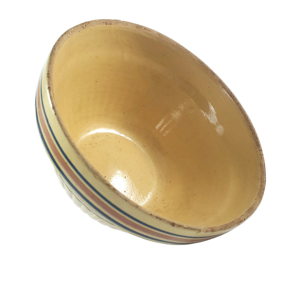 Vintage Farmhouse Yellow ware Bowl 9" Pink & Blue Stripes Bands