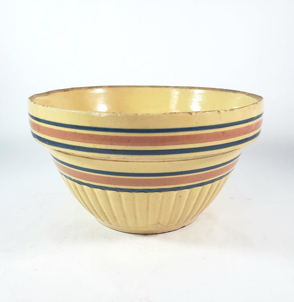 Vintage Farmhouse Yellow ware Bowl 9" Pink & Blue Stripes Bands