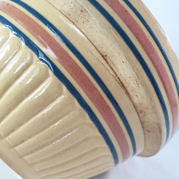 Vintage Farmhouse Yellow ware Bowl 9" Pink & Blue Stripes Bands