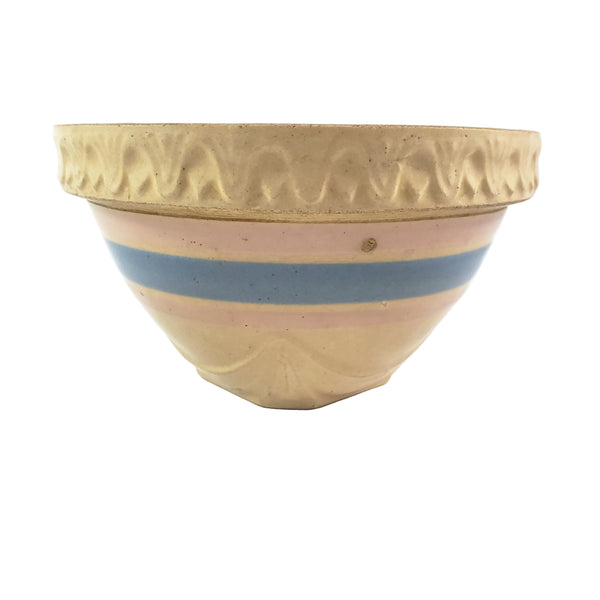 Antique Yellow ware Mixing Bowl 7 1/2" Pink & Blue Bands USA