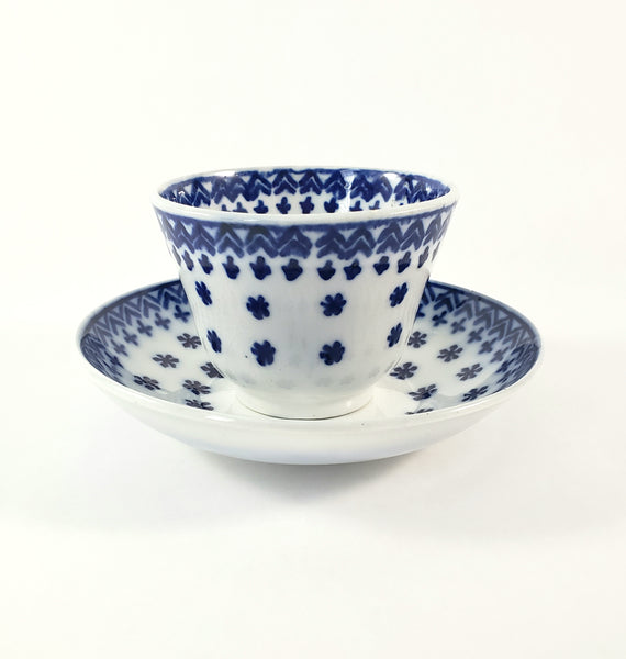 Antique Flow Blue Ironstone Handleless Cup & Saucer "Amish Snowflake" Staffordshire
