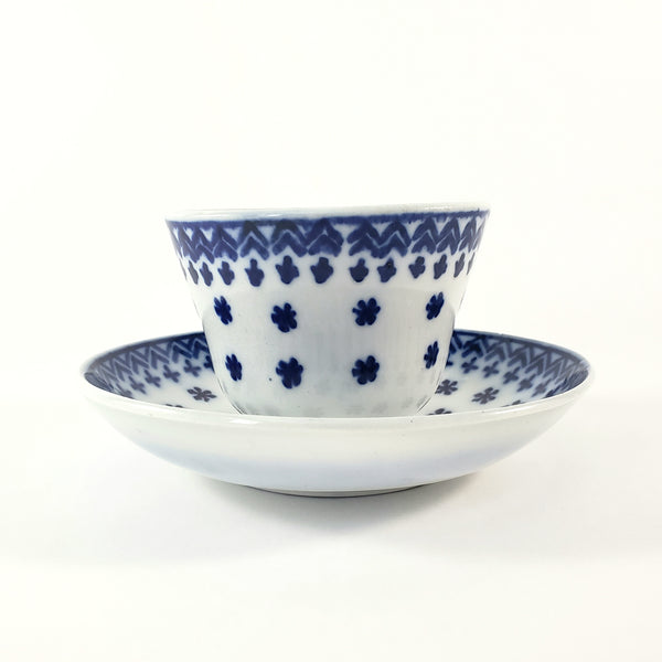 Antique Flow Blue Ceramic Handleless Cup & Saucer Amish Snowflake Staffordshire