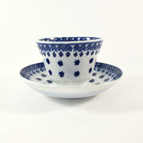 Antique Flow Blue Ceramic Handleless Cup & Saucer Amish Snowflake Staffordshire
