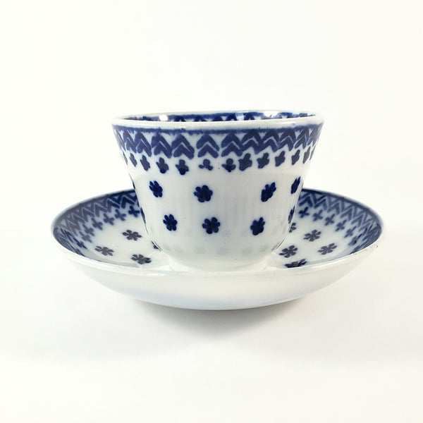 Antique Flow Blue Ceramic Handleless Cup & Saucer Amish Snowflake Staffordshire