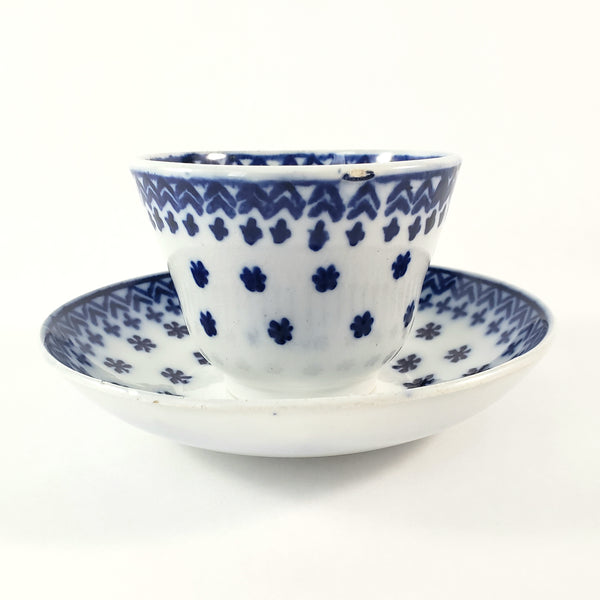 Antique Flow Blue Ceramic Handleless Cup & Saucer Amish Snowflake Staffordshire