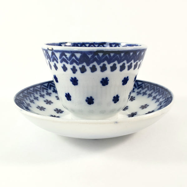 Antique Flow Blue Ceramic Handleless Cup & Saucer Amish Snowflake Staffordshire
