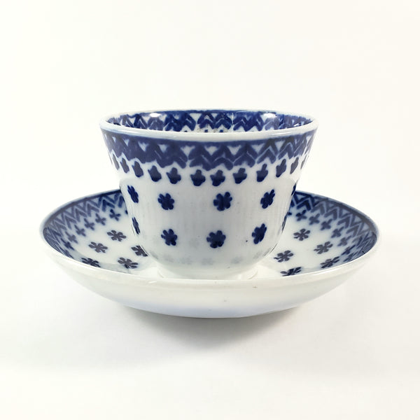 Antique Flow Blue Ceramic Handleless Cup & Saucer Amish Snowflake Staffordshire
