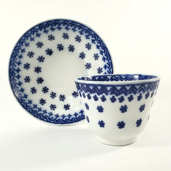 Antique Flow Blue Ceramic Handleless Cup & Saucer Amish Snowflake Staffordshire