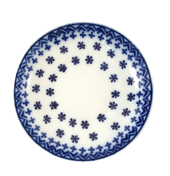 Antique Flow Blue Ceramic Handleless Cup & Saucer Amish Snowflake Staffordshire