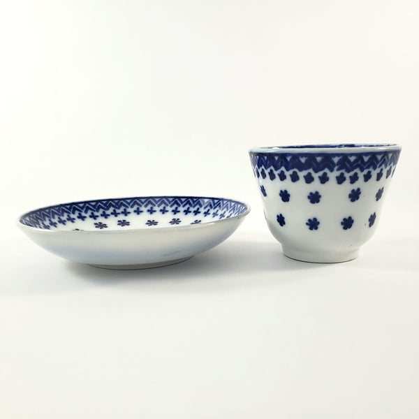 Antique Flow Blue Ceramic Handleless Cup & Saucer Amish Snowflake Staffordshire