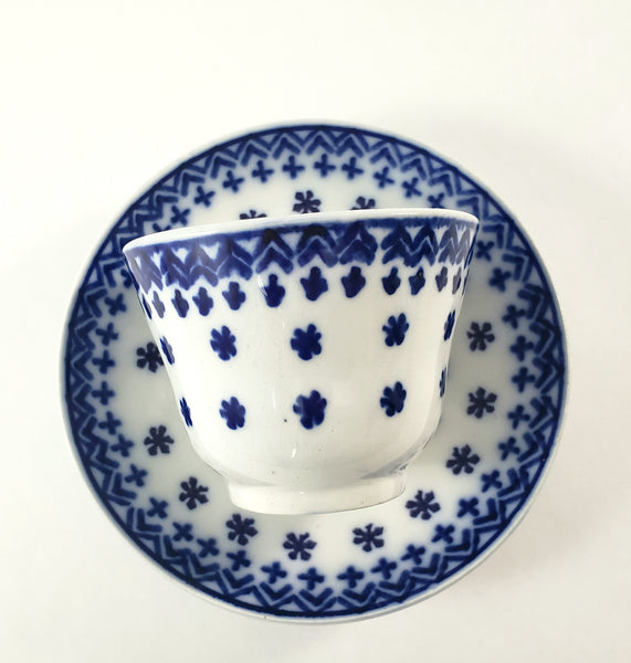 Antique Flow Blue Ceramic Handleless Cup & Saucer Amish Snowflake Staffordshire