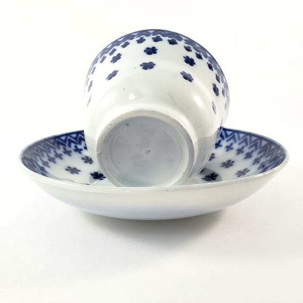 Antique Flow Blue Ceramic Handleless Cup & Saucer Amish Snowflake Staffordshire