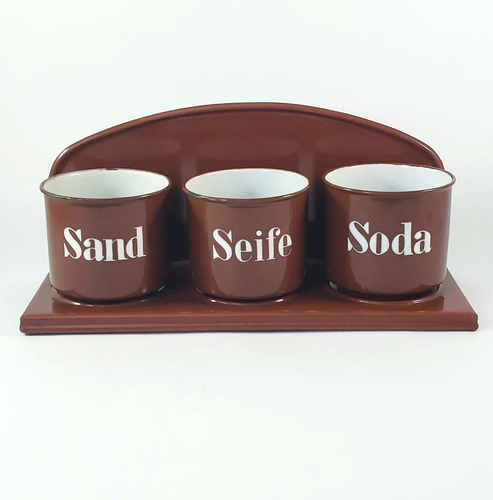 Vintage Brown German Enamelware Kitchen Laundry Wall Rack with 3 Matching Storage Cups