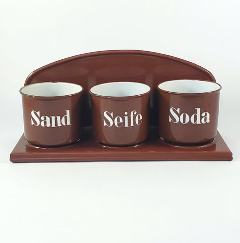 Vintage Brown German Enamelware Kitchen Laundry Wall Rack with 3 Matching Storage Cups
