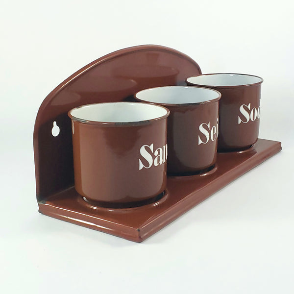 Vintage Brown German Enamelware Kitchen Laundry Wall Rack with 3 Matching Storage Cups