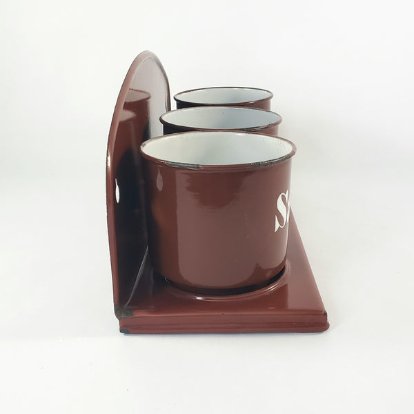 Vintage Brown German Enamelware Kitchen Laundry Wall Rack with 3 Matching Storage Cups