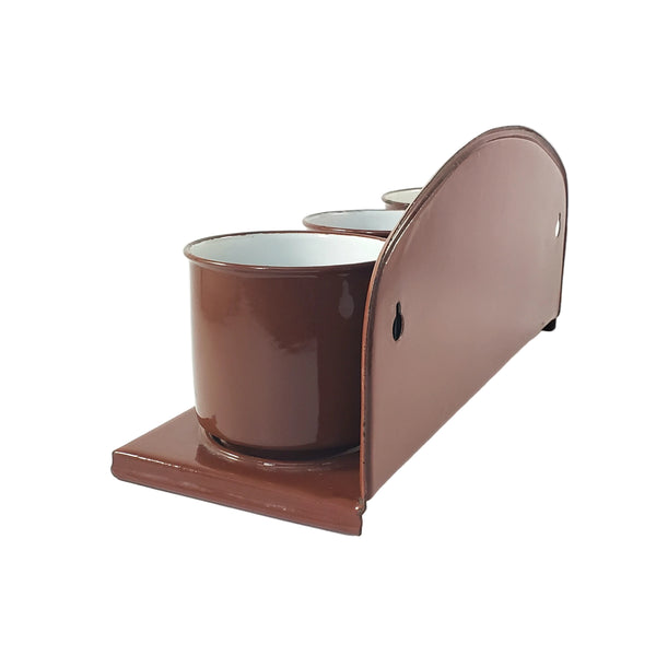 Vintage Brown German Enamelware Kitchen Laundry Wall Rack with 3 Matching Storage Cups