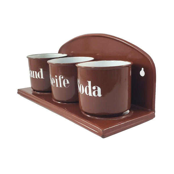 Vintage Brown German Enamelware Kitchen Laundry Wall Rack with 3 Matching Storage Cups