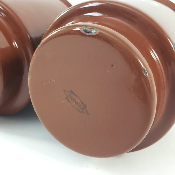 Vintage Brown German Enamelware Kitchen Laundry Wall Rack with 3 Matching Storage Cups