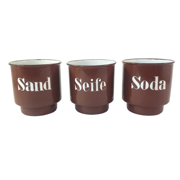Vintage Brown German Enamelware Kitchen Laundry Wall Rack with 3 Matching Storage Cups
