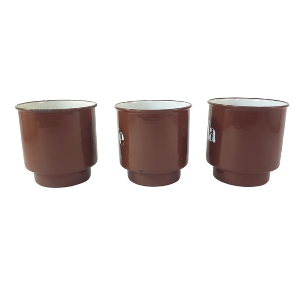 Vintage Brown German Enamelware Kitchen Laundry Wall Rack with 3 Matching Storage Cups