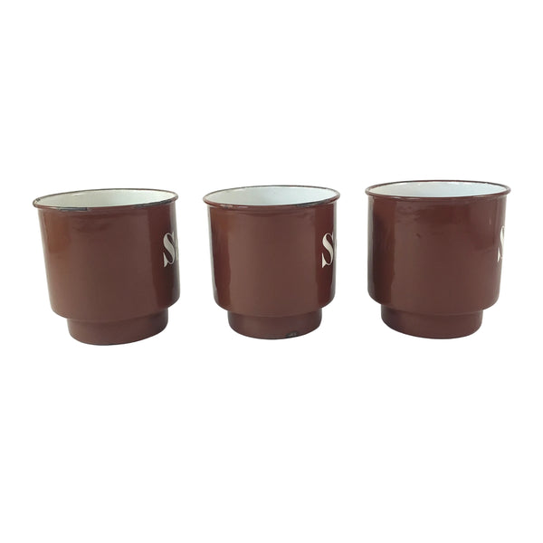 Vintage Brown German Enamelware Kitchen Laundry Wall Rack with 3 Matching Storage Cups