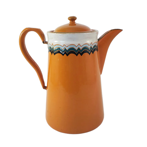 Vintage Art Deco Orange Enamelware Coffee Pot Geometric