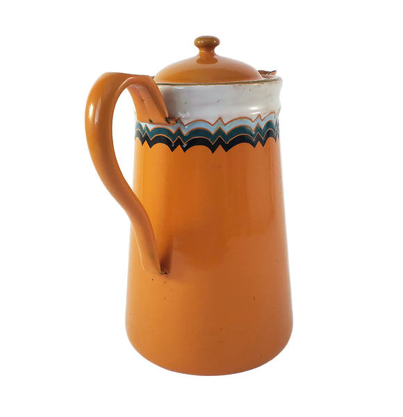 Vintage Art Deco Orange Enamelware Coffee Pot Geometric
