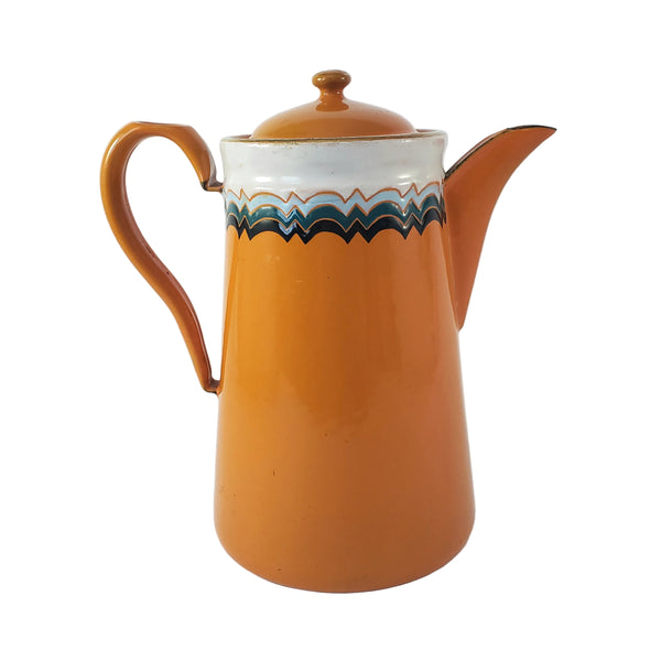 Vintage Art Deco Orange Enamelware Coffee Pot Geometric