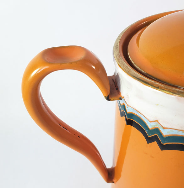 Vintage Art Deco Orange Enamelware Coffee Pot Geometric