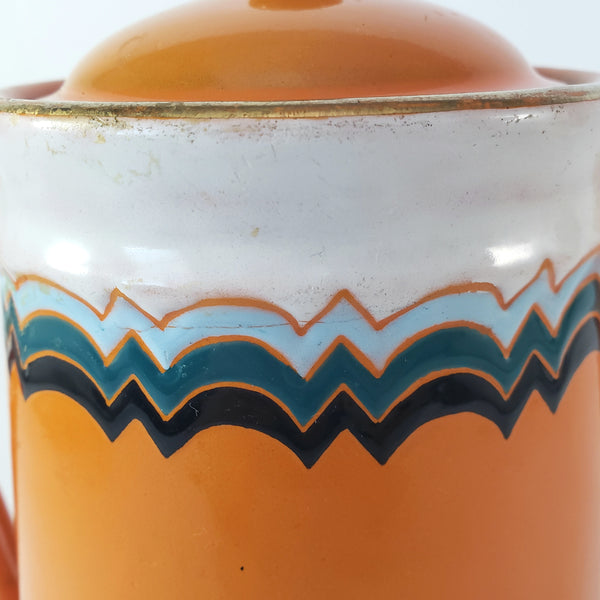Vintage Art Deco Orange Enamelware Coffee Pot Geometric
