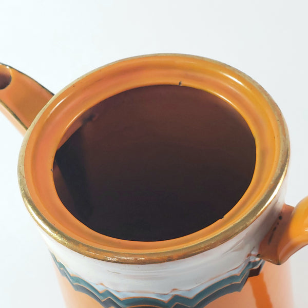Vintage Art Deco Orange Enamelware Coffee Pot Geometric