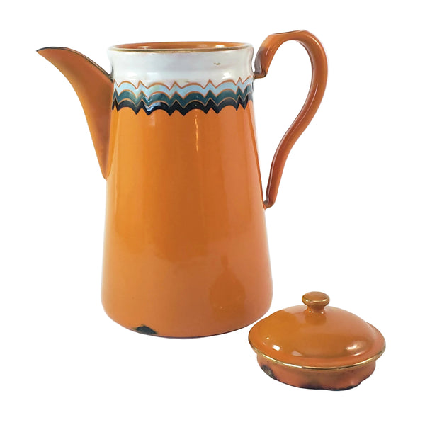 Vintage Art Deco Orange Enamelware Coffee Pot Geometric