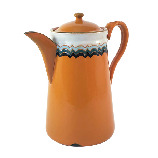 Vintage Art Deco Orange Enamelware Coffee Pot Geometric