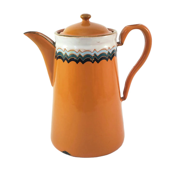 Vintage Art Deco Orange Enamelware Coffee Pot Geometric