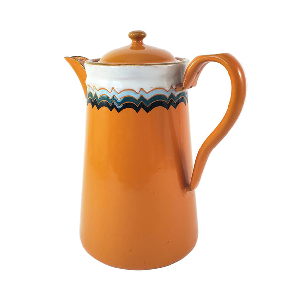 Vintage Art Deco Orange Enamelware Coffee Pot Geometric