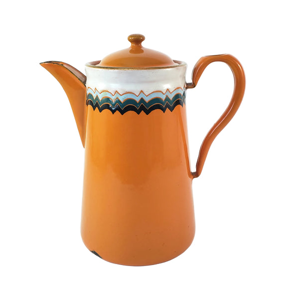 Vintage Art Deco Orange Enamelware Coffee Pot Geometric
